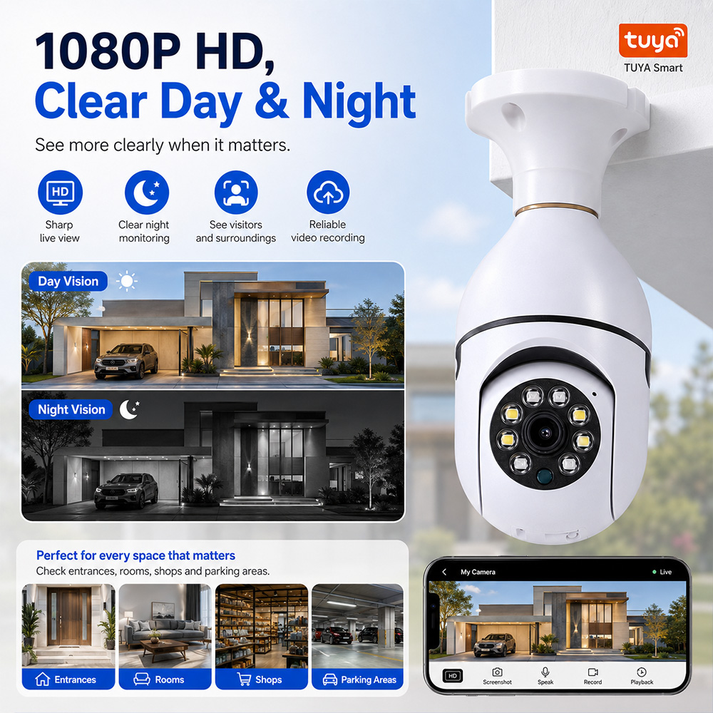Outdoor Lighting Under Roof - 電球型カメラ Tuya ワイヤレスライト 2MP HD E27