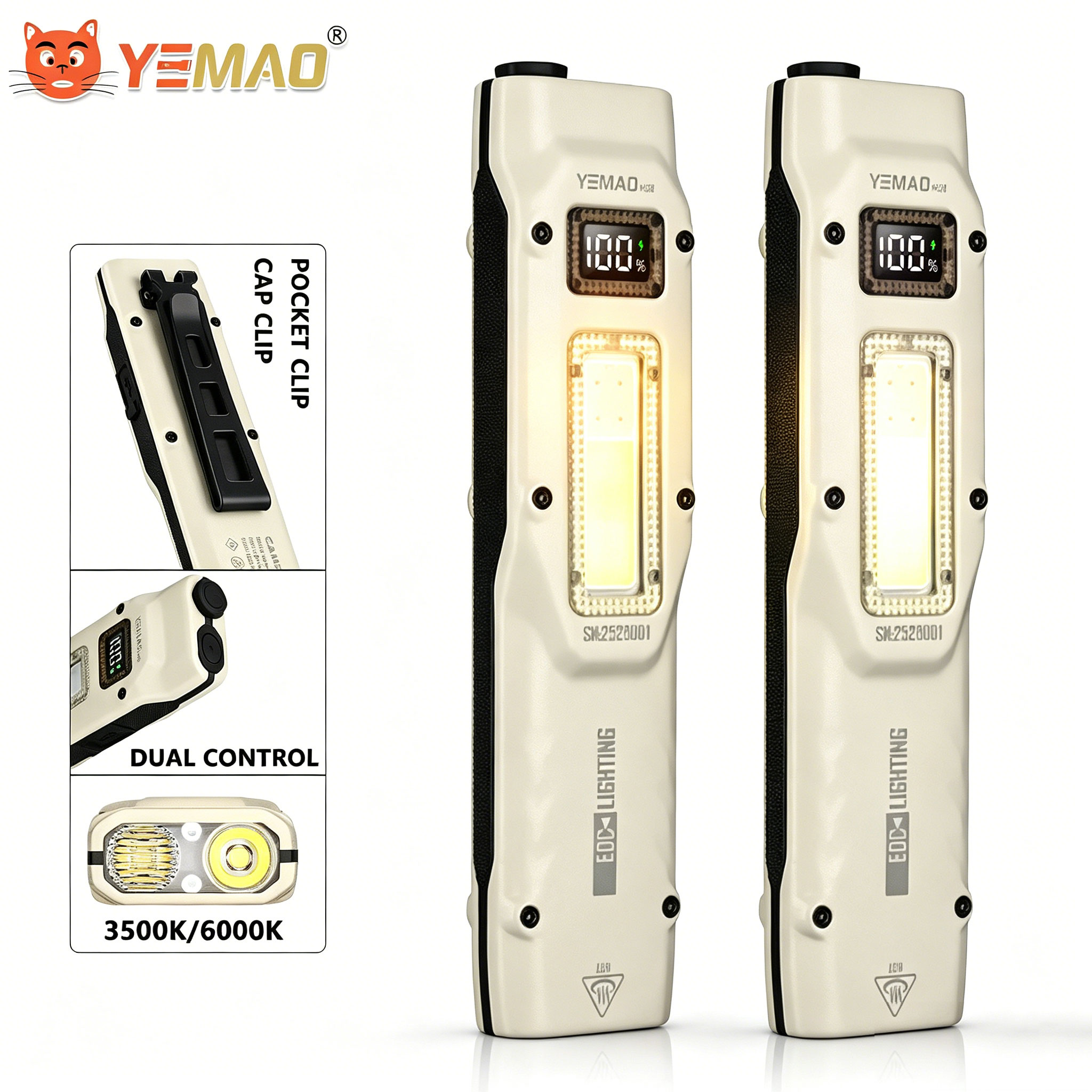 Outdoor Lighting Panel - ポータブル880LM YEMAO M28超薄型タクティカルワークライト、双方向クランプ付き、1000mAhデュアルコアXPLウィック、デジタルディスプレイ、IPX4防水