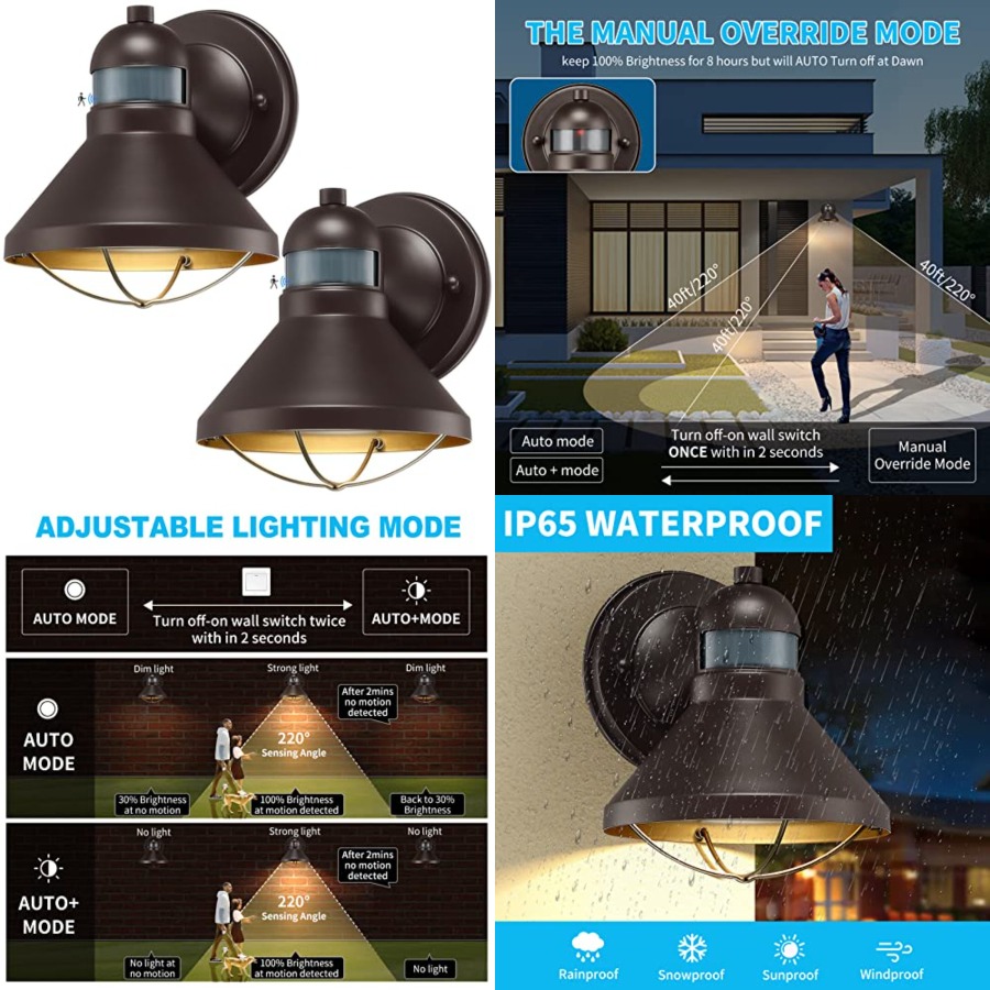 Outdoor Lighting With Sensor - 2個パック モーションセンサー付き屋外LEDウォールスコンス 夕暮れから夜明けまで点灯する外装納屋用照明器具 ブラウン屋外ポーチランタン ファームハウスライト
