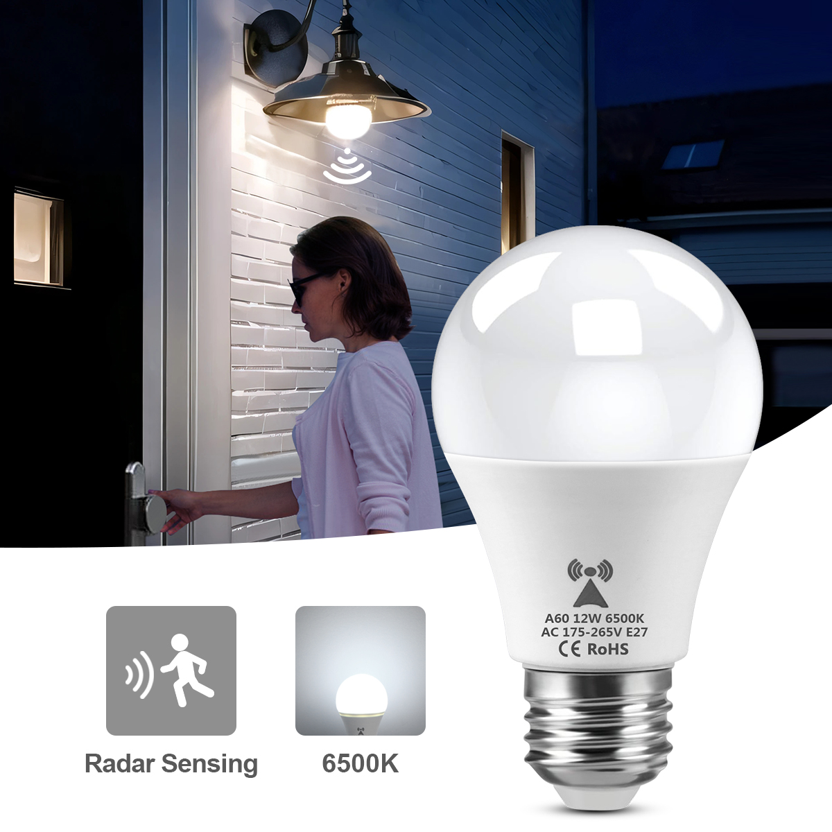 Outdoor Lighting On Stairs - LEDレーダーモーションセンサー電球、パティオ、ガレージ、玄関、階段用のナイトライト、レーダー検出付きランプ、自動オンおよびオフ、e27、220v、12w