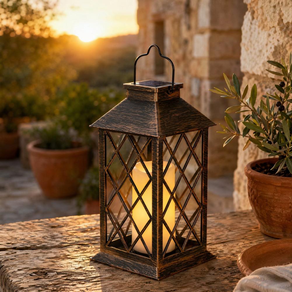 Hanging Outdoor Lighting - レトロソーラーランタン、屋外ソーラーキャンドルランタン、吊り下げループ付き防水ソーラーガーデンライト、庭用装飾ライト