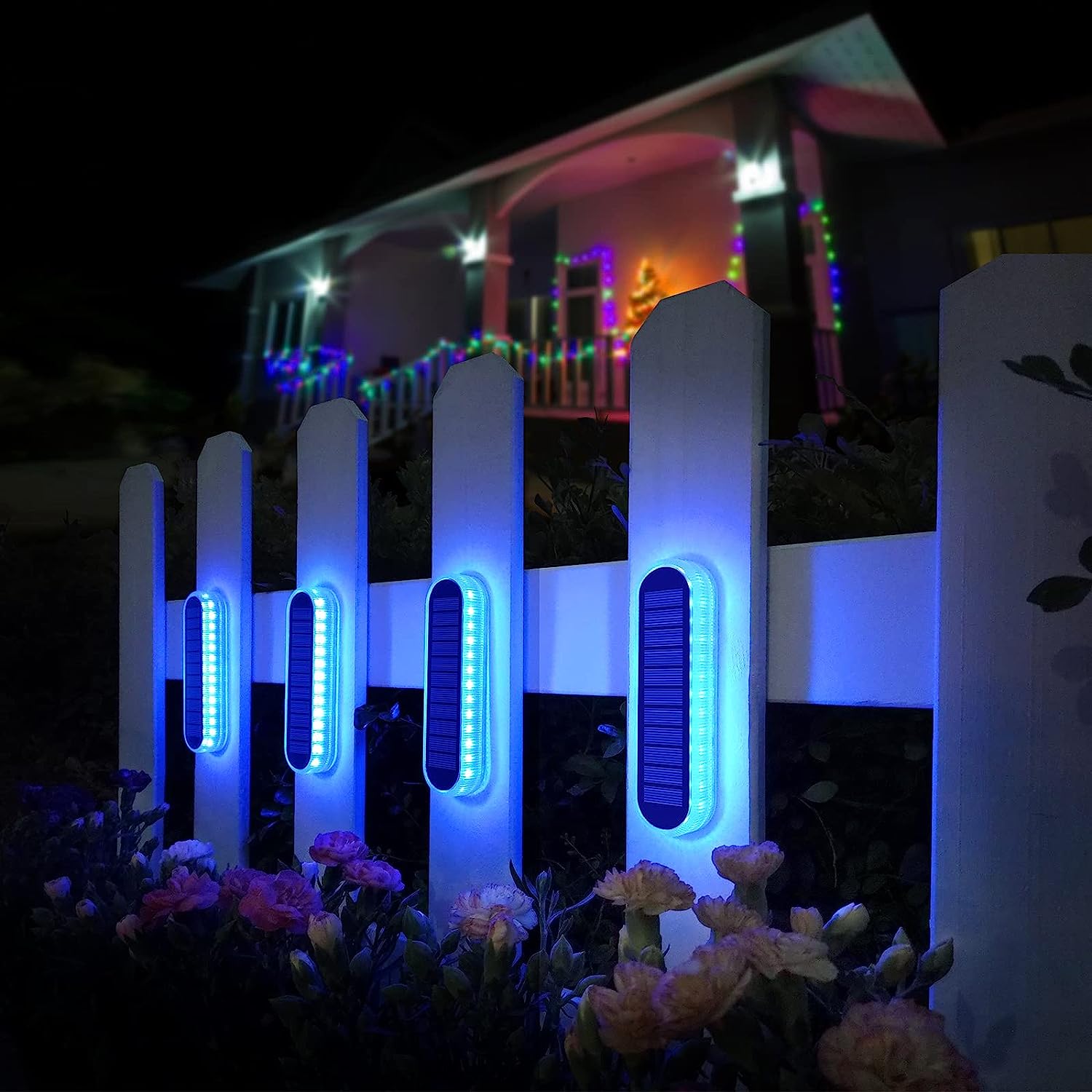 Outdoor Lighting On Stairs - 5年間寿命 4個パック ソーラーLEDデッキライト ブルー 自動オン/オフ 屋外防水IP68