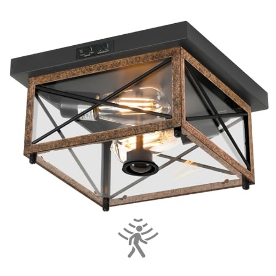 Outdoor Lighting With Sensor - モーションセンサー付き屋外シーリングライト、屋外用フラッシュマウントポーチシーリングライト、2灯式ファームハウスメタル天井に近い位置に設置できるライト