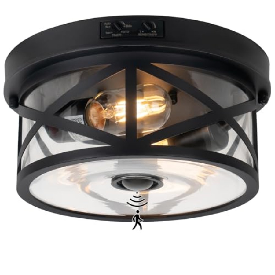モーションセンサー屋外天井照明、調節可能な黒色フラッシュマウ - Outdoor Lighting With Sensor のレビューと価格