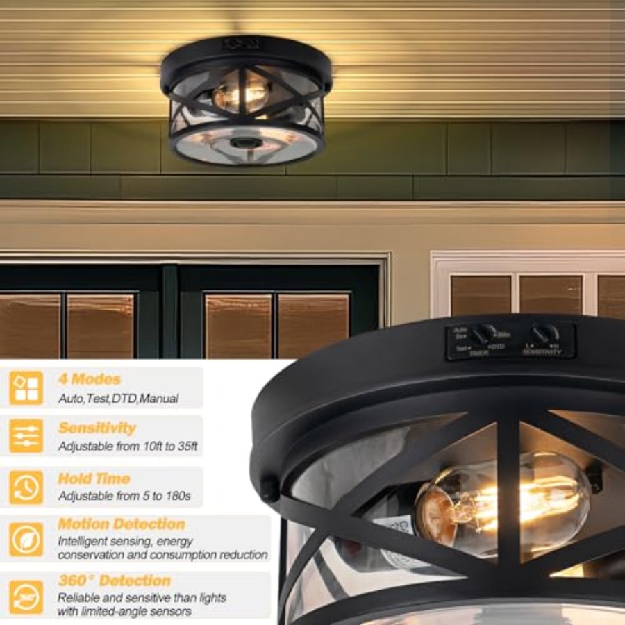 モーションセンサー屋外天井照明、調節可能な黒色フラッシュマウ - Outdoor Lighting With Sensor のレビューと価格